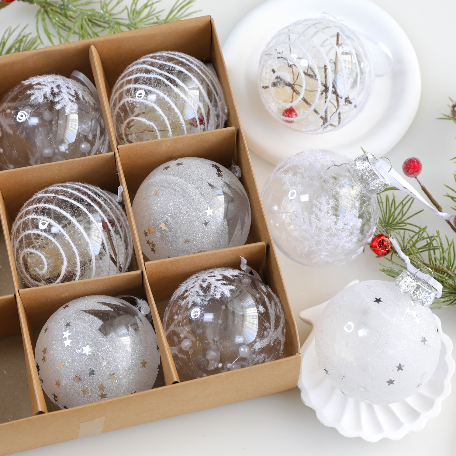 圣诞节装饰品透明彩绘圣诞球6-8cm氛围装扮布置树透明高级diy吊饰