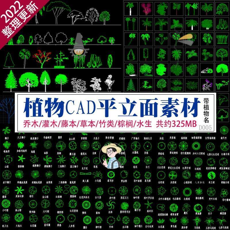 园林设计带名称常绿落叶乔灌木水生藤本植物CAD图例平面立面素材