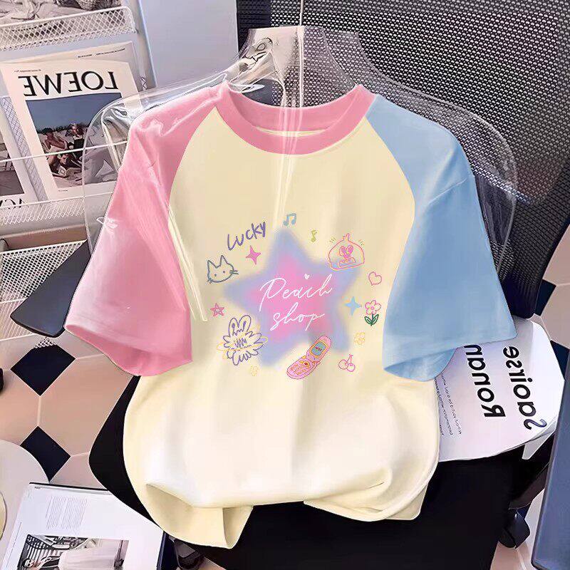 儿童纯棉插肩袖短袖T恤夏季女童洋气衣服宝宝宽松甜美半袖上衣ins