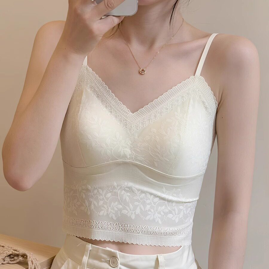 法式蕾丝性感网纱透气吊带美背心内衣女带胸垫薄款内搭上衣打底