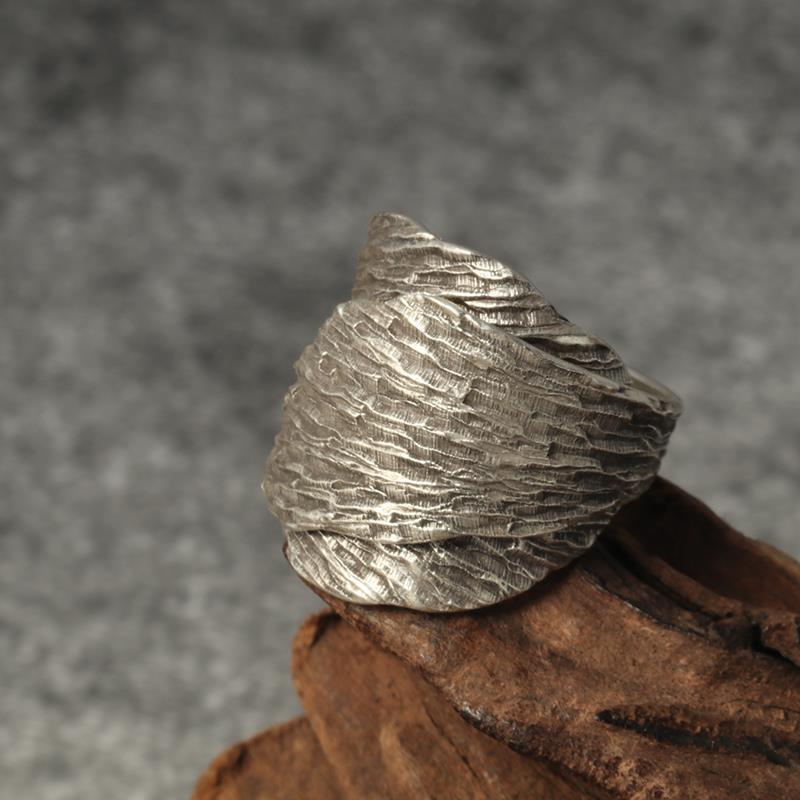 S925纯银泰国清迈手工银戒指男女款复古树叶做旧可调节开口指环