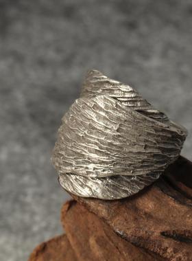 S925纯银泰国清迈手工银戒指男女款复古树叶做旧可调节开口指环