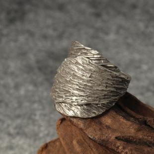 S925纯银泰国清迈手工银戒指男女款复古树叶做旧可调节开口指环