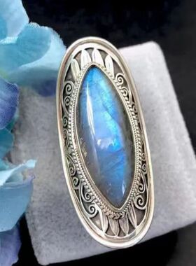 尼泊尔手工银色藏式复古戒指开口天然拉长石首饰生日礼物饰品