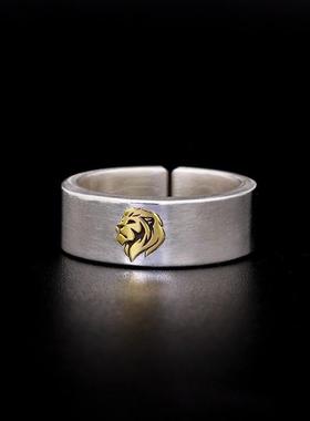 新款狮子王镶嵌银戒指男女单身情侣纯银对戒指环简约宽开口可调