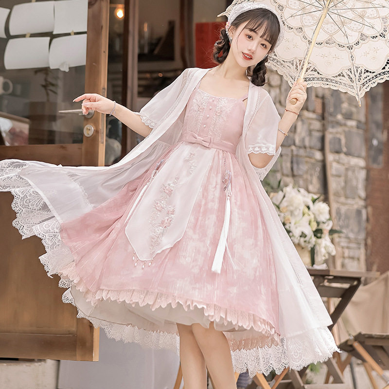 原创设计烟粉黛中国风改良汉元素汉服女外搭吊带裙套装8633