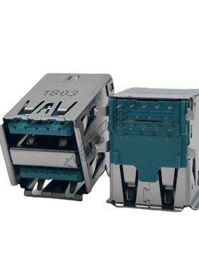 全新双层USB3.1 A型母座卷边90度卧式绿色胶芯 19PIN直插不带弹片