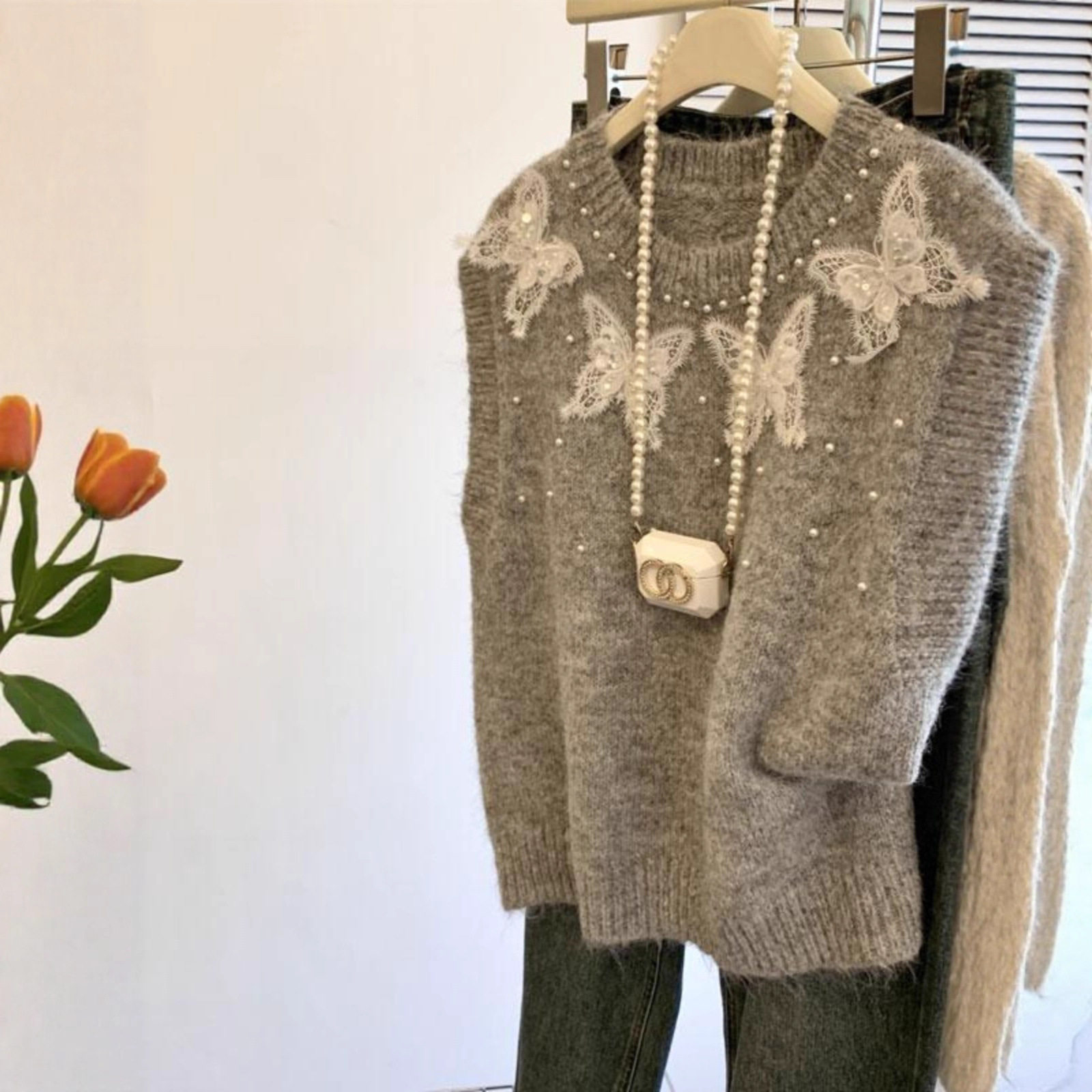 灰色重工蕾丝蝴蝶结钉珠无袖马甲针织衫女秋季高级感毛衣背心上衣