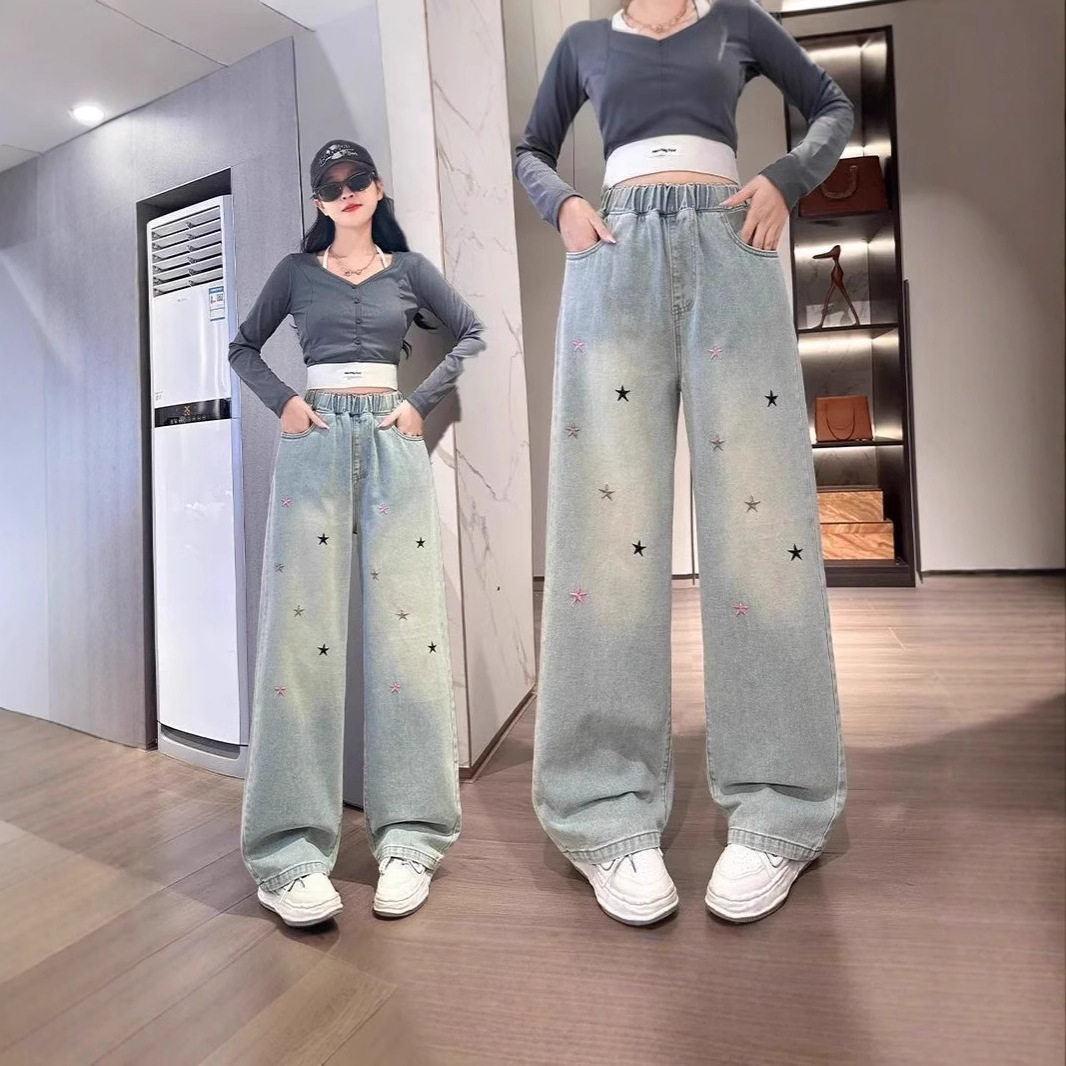 胖mm大码复古牛仔裤女直筒阔腿宽松紧高腰显瘦学生拖地加肥200斤