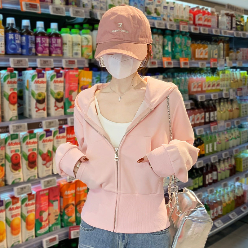 早秋粉色短款外套女2026新款秋季连帽卫衣小个子正肩修身收腰开衫