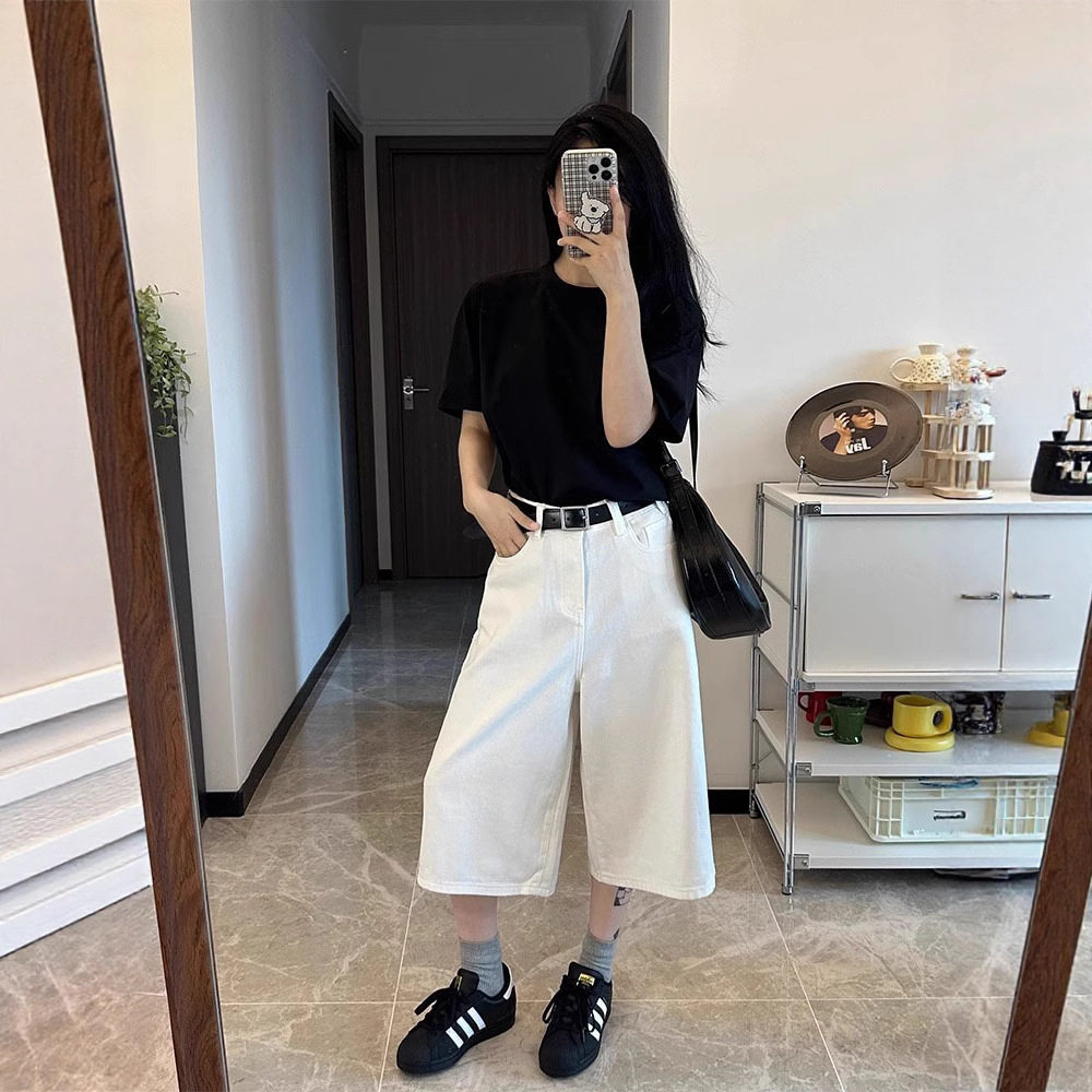 白色高腰直筒牛仔裤女夏季薄款大码七分裤宽松阔腿百搭休闲六分裤