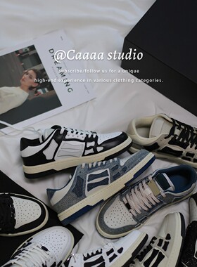 KAPIIT BOS/闭眼入~鼎版 牛仔布骨头鞋女情侣款真皮平底板鞋小白