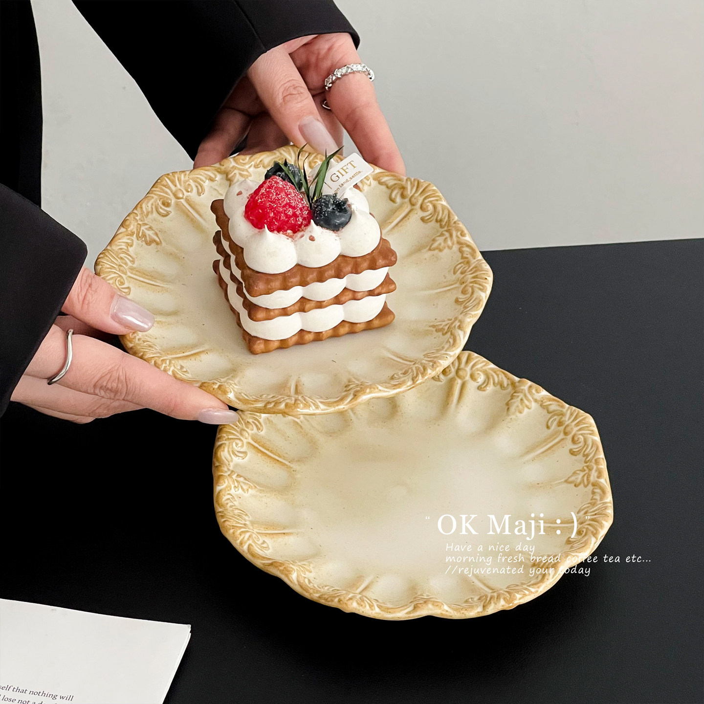 复古浮雕盘子陶瓷餐具蛋糕碟子高级感家用西餐盘下午茶精致甜品盘,餐饮具,盘,淘宝优惠券,粉丝福利购,淘宝优惠卷