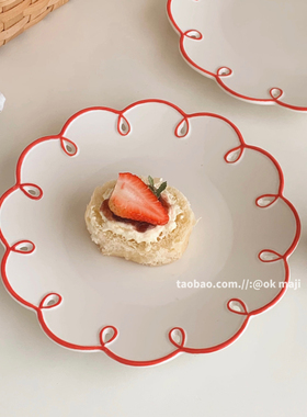 ok maji 韩国复古ins风波浪花边甜品蛋糕盘子家用陶瓷餐具水果盘
