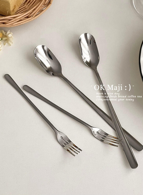 不锈钢长柄勺子家用高档精致叉子勺子高颜值餐勺水果甜品叉甜品勺
