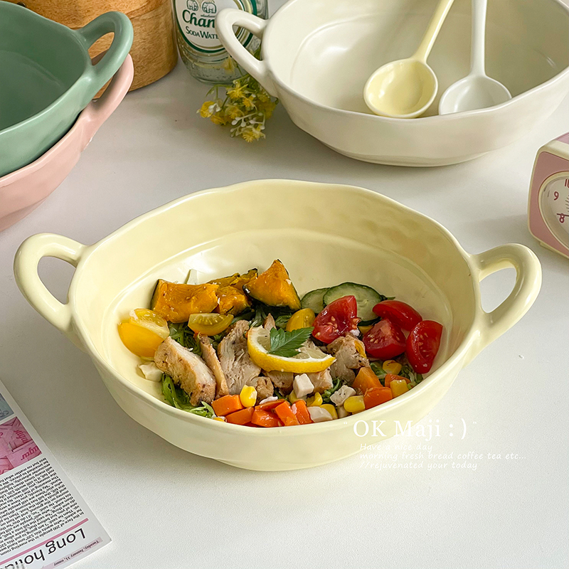 高颜值蔬菜沙拉盘子高级感精致2025新款家用陶瓷水果盘可爱双耳盘