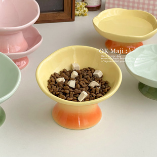 斜口猫碗陶瓷高脚宠物碗防打翻猫水碗护颈狗碗慢食碗猫咪饭碗猫盆