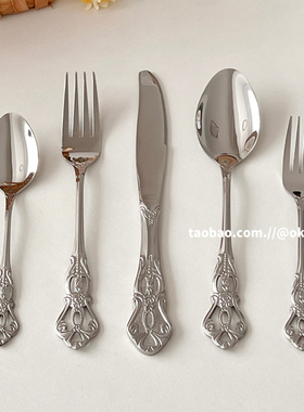 ok maji复古ins浮雕不锈钢西餐餐具刀叉勺套装牛排刀意面叉甜品勺