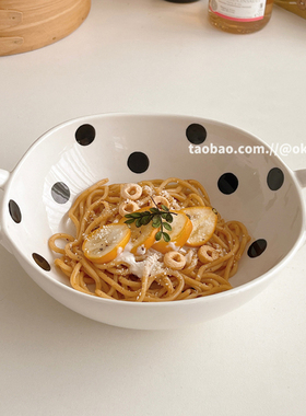 ok maji韩国ins风复古波点双耳面碗陶瓷餐具米饭沙拉碗家用草帽盘