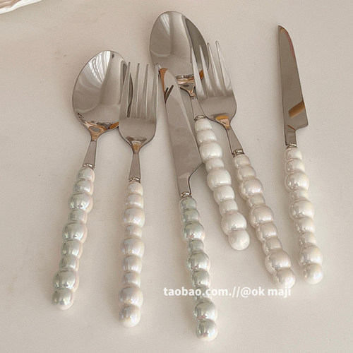 韩国ins陶瓷珍珠柄不锈钢刀叉勺