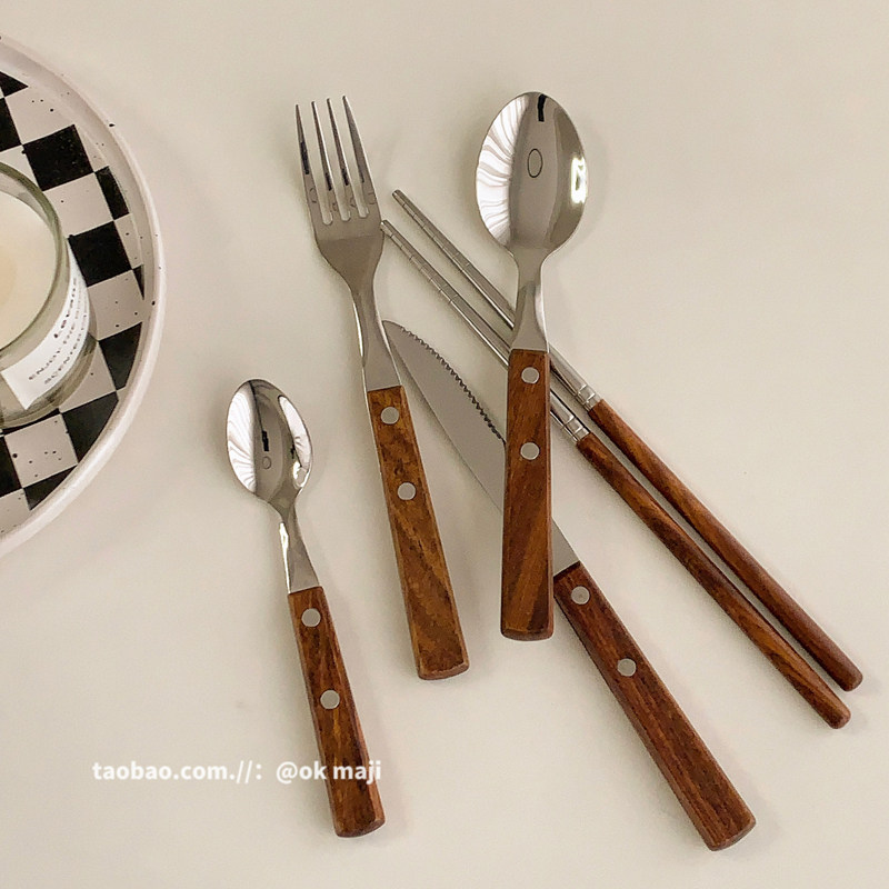 ok maji韩国ins风高颜值复古西餐厅实木柄不锈钢304刀叉勺子餐具,餐饮具,叉/勺/筷套装,淘宝优惠券,粉丝福利购,淘宝优惠卷