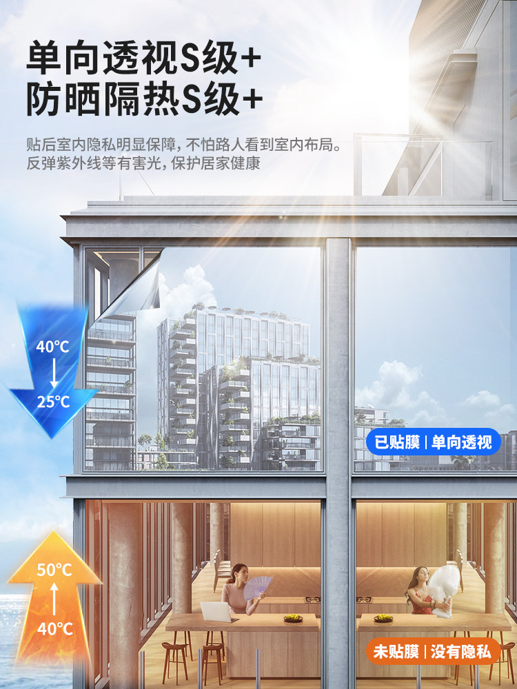 防晒隔热膜窗户玻璃贴纸西晒阳台遮阳防窥防走光遮光单向透视贴膜
