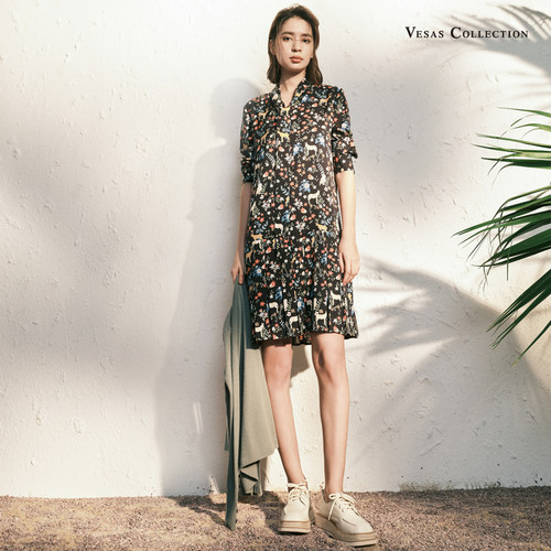 vesas collection 唯尚女装专柜正品连衣裙 早秋日记忆 印花短袖