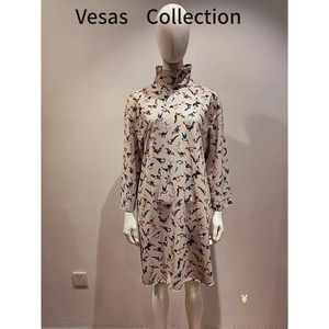 vesas collection唯尚女装印花长袖收腰连衣裙优雅艺术系D1300