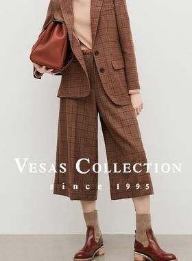 Vesas Collection2024秋季新款焦糖棕色宽松百搭格纹阔腿裤T1426