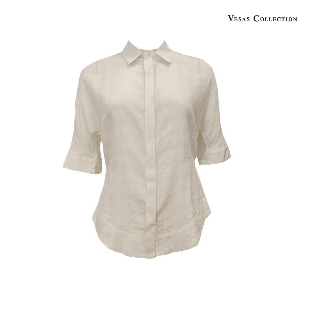 vesas collection唯尚女装专柜正品 薄款休闲米色亚麻短袖衬衫