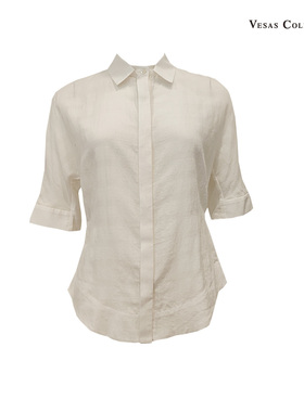 vesas collection唯尚女装专柜正品 薄款休闲米色亚麻短袖衬衫