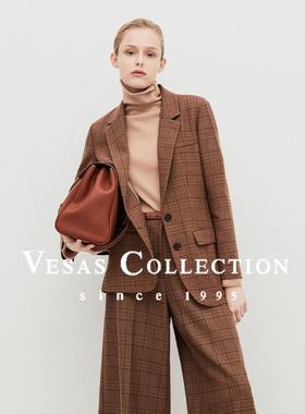 Vesas Collection秋季新款焦糖棕色格纹西装女士修身上衣J1061