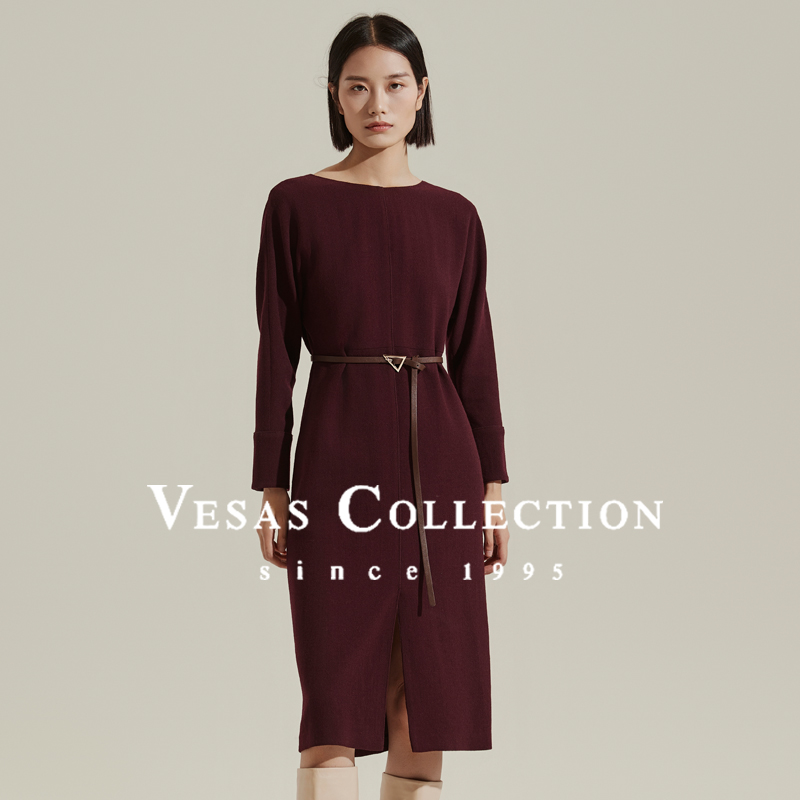 Vesas Collection波特酒红色双面呢连衣裙D1393