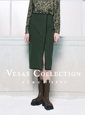 Vesas Collection2024秋季新款女装羊毛时尚优雅绿色半身裙S0723