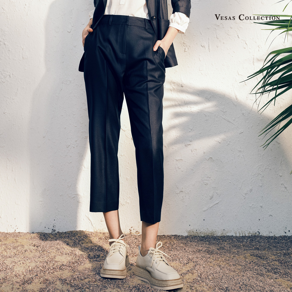 vesas唯尚女装 黑色休闲压褶弹力垂感压褶阔腿长裤拖地西服裤夏季