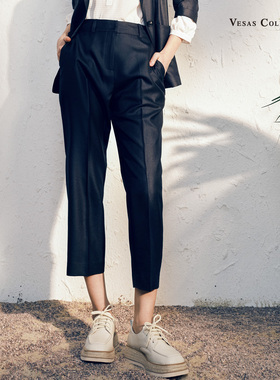 vesas唯尚女装 黑色休闲压褶弹力垂感压褶阔腿长裤拖地西服裤夏季