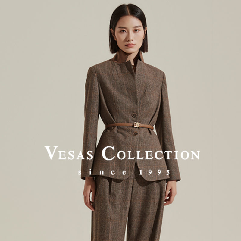 Vesas Collection法兰绒格纹廓形时髦西装上衣J1117