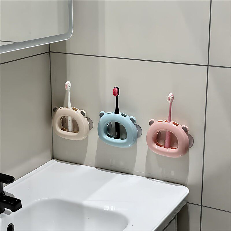 小熊吸盘牙刷架多巴胺壁挂式置物架免打孔浴室卫生间沥水筒储物架