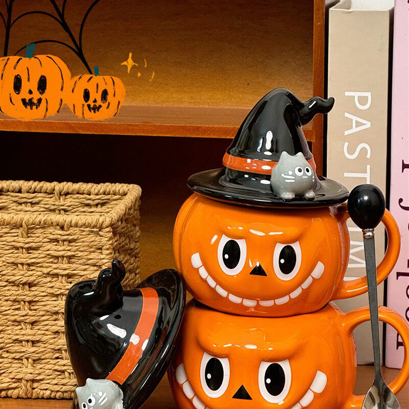 创意搞怪南瓜猫咪陶瓷杯带盖马克杯送礼生日礼物送朋友水杯咖啡杯