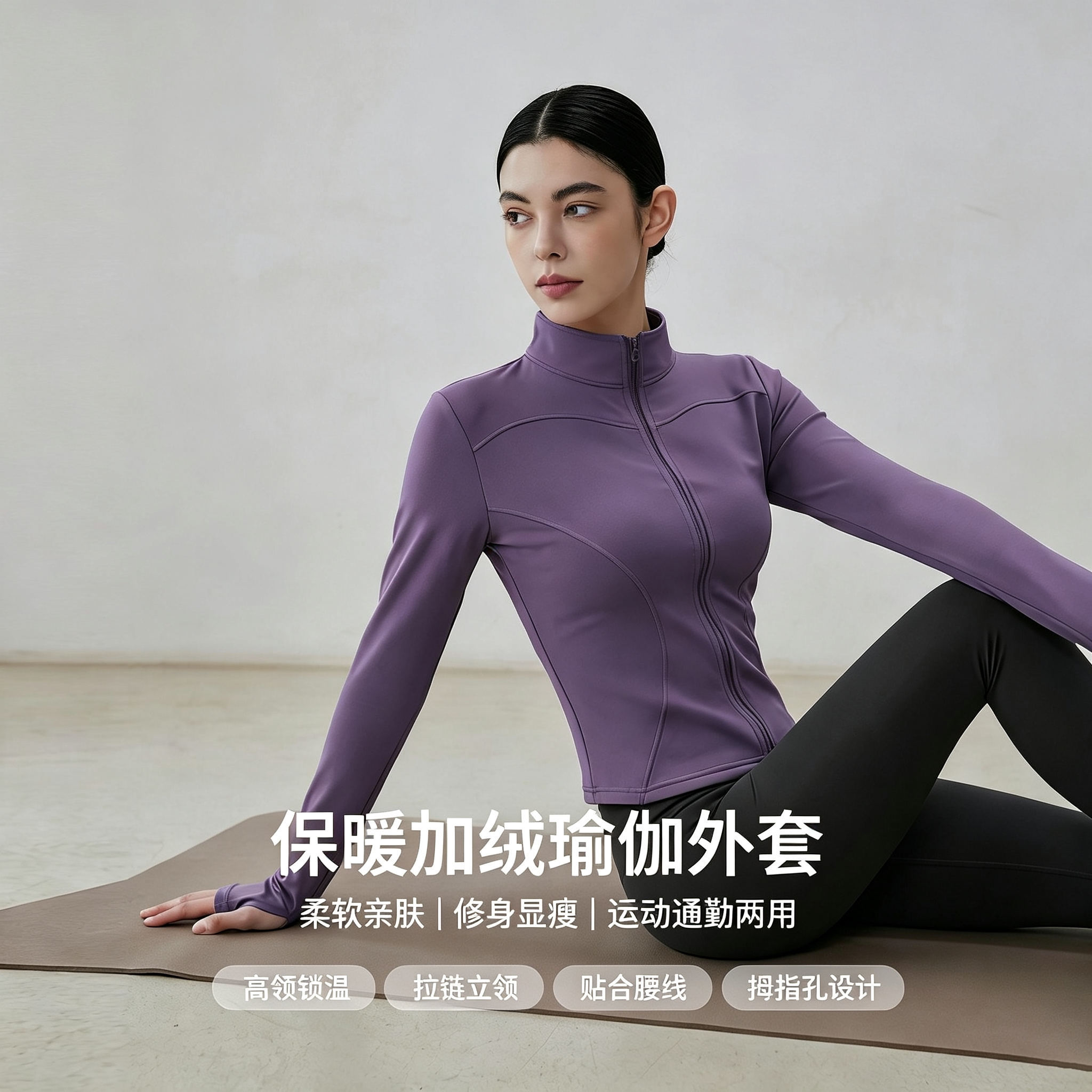 秋冬加绒加厚立领瑜伽外套女拉链长袖开衫保暖修身运动健身上衣