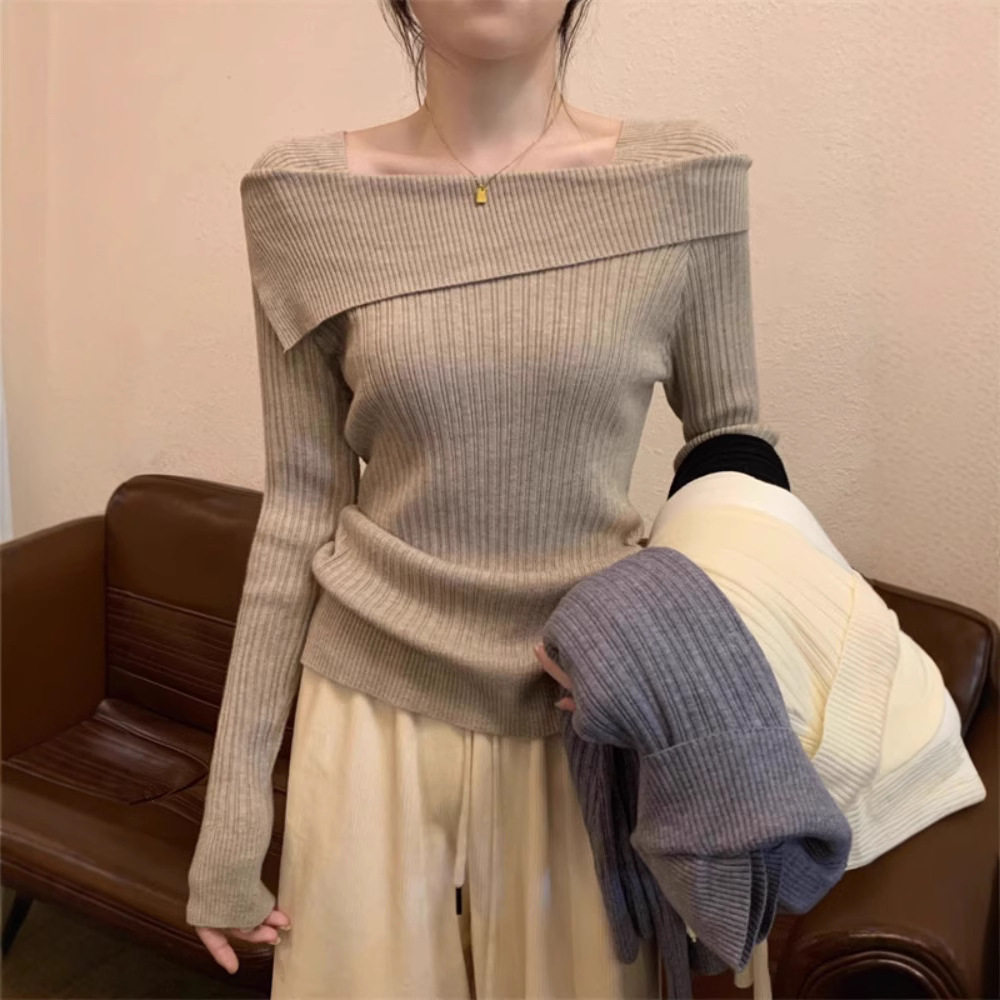 一字肩针织打底衫女春秋