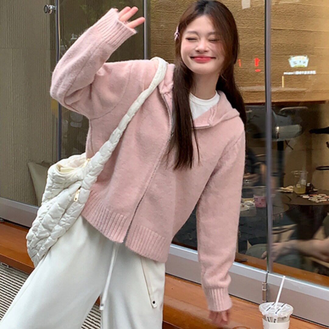 韩系连帽双拉链针织打底