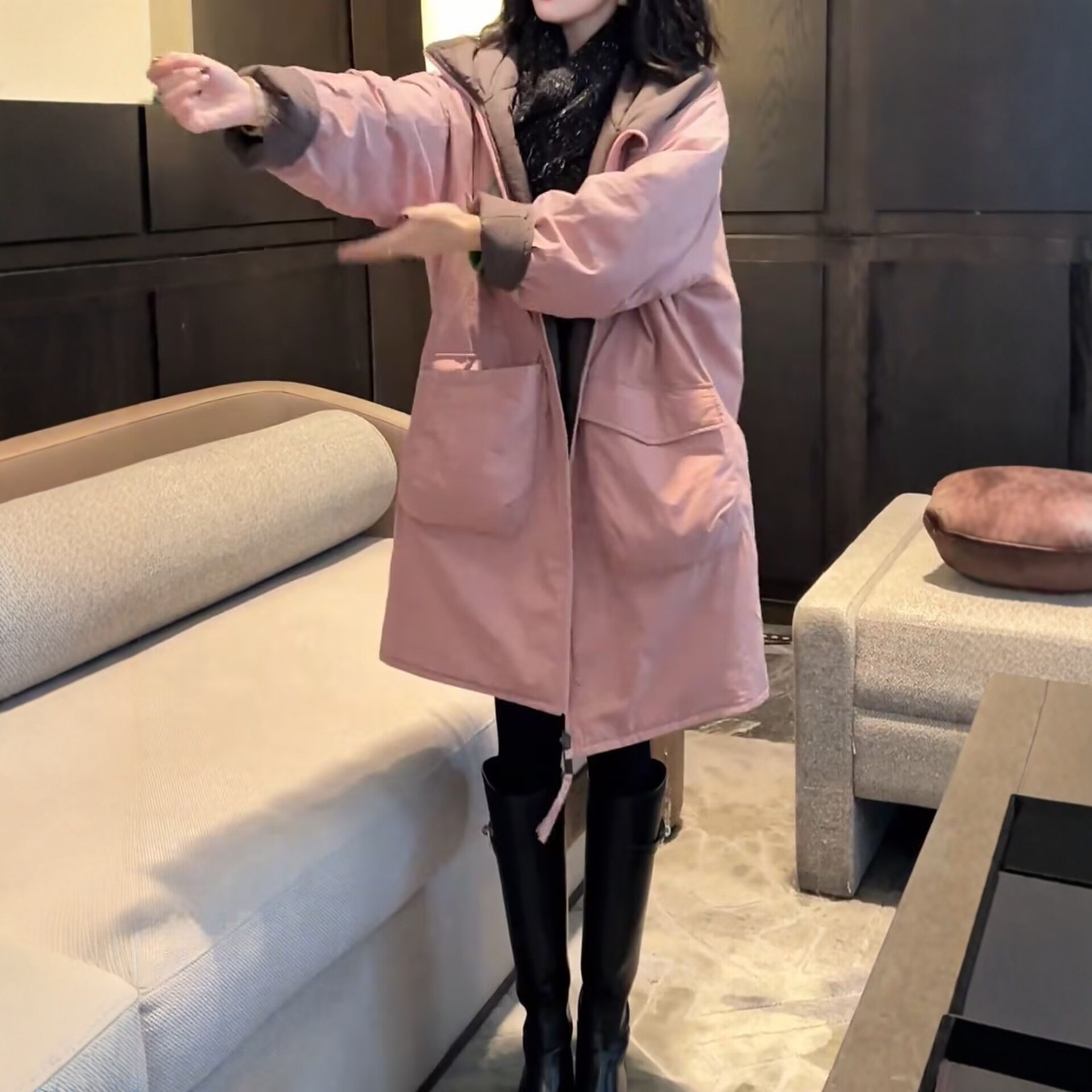 高端双面穿连帽棉服女款冬季派克服休闲宽松中长款25棉衣夹棉外套