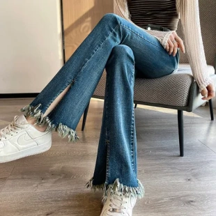 微喇加长喇叭裤 长裤 春秋 时尚 高腰 个性 2089街头新款 开叉牛仔裤