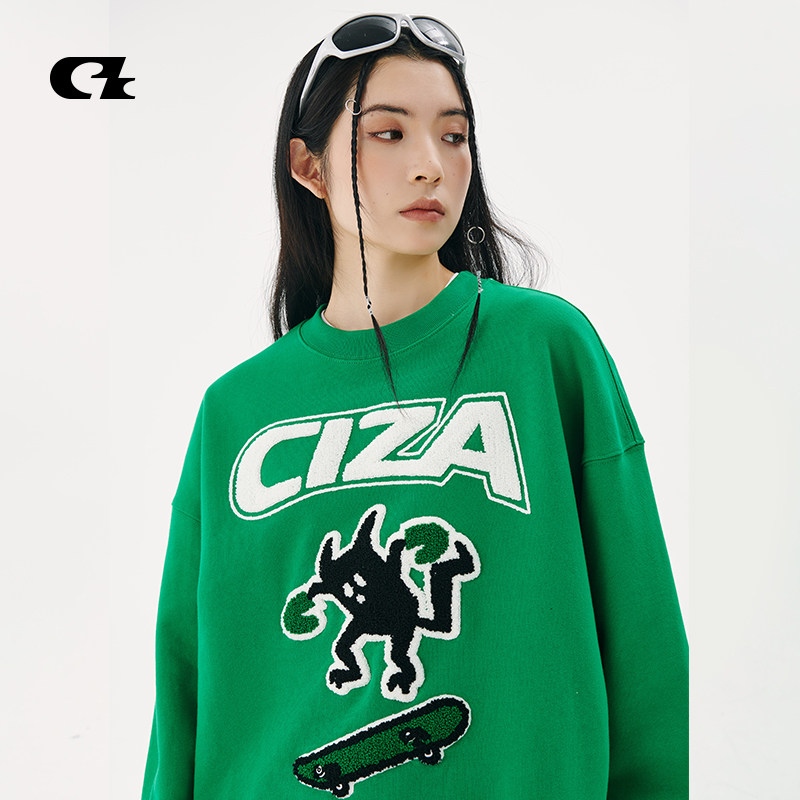 ciza潮牌情侣卫衣男女春秋宽松大字母贴布绣圆领上衣