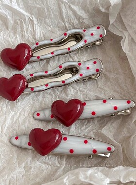 复古气质红色波点发夹女前额侧边刘海夹法式碎发鸭嘴夹子发卡头饰