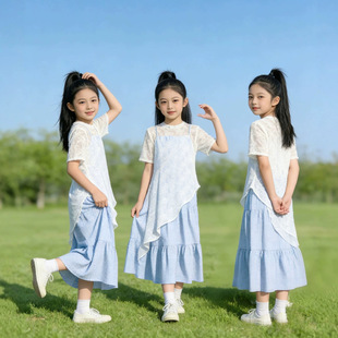 2026女童夏季新款韩版蕾丝拼接连衣裙套装儿童公主风洋气两件套