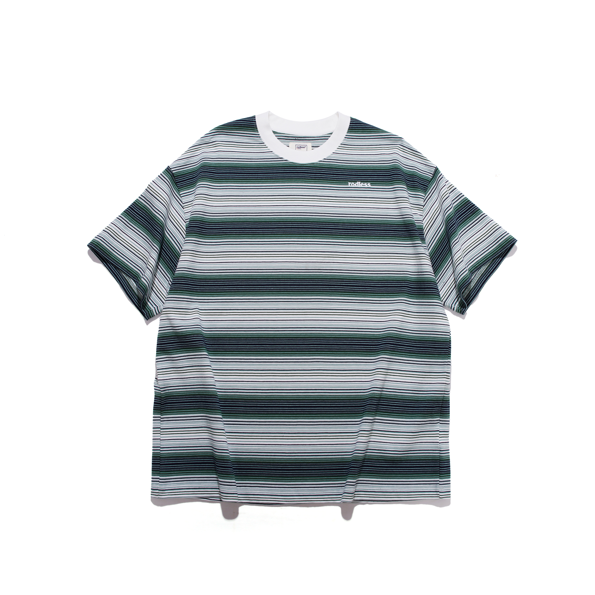 rodless 25夏季宽松305g重磅条纹短袖T恤刺绣百搭国潮牌情侣上衣