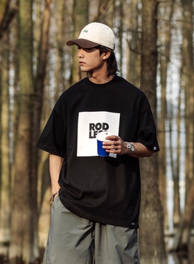 rodless24夏季宽松335g重磅方块短袖T恤刺绣百搭国潮牌情侣上衣