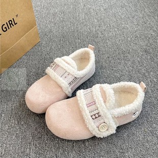 一脚蹬外穿粉色毛毛勃肯鞋女2025冬季新款加绒魔术贴棉学生平底鞋